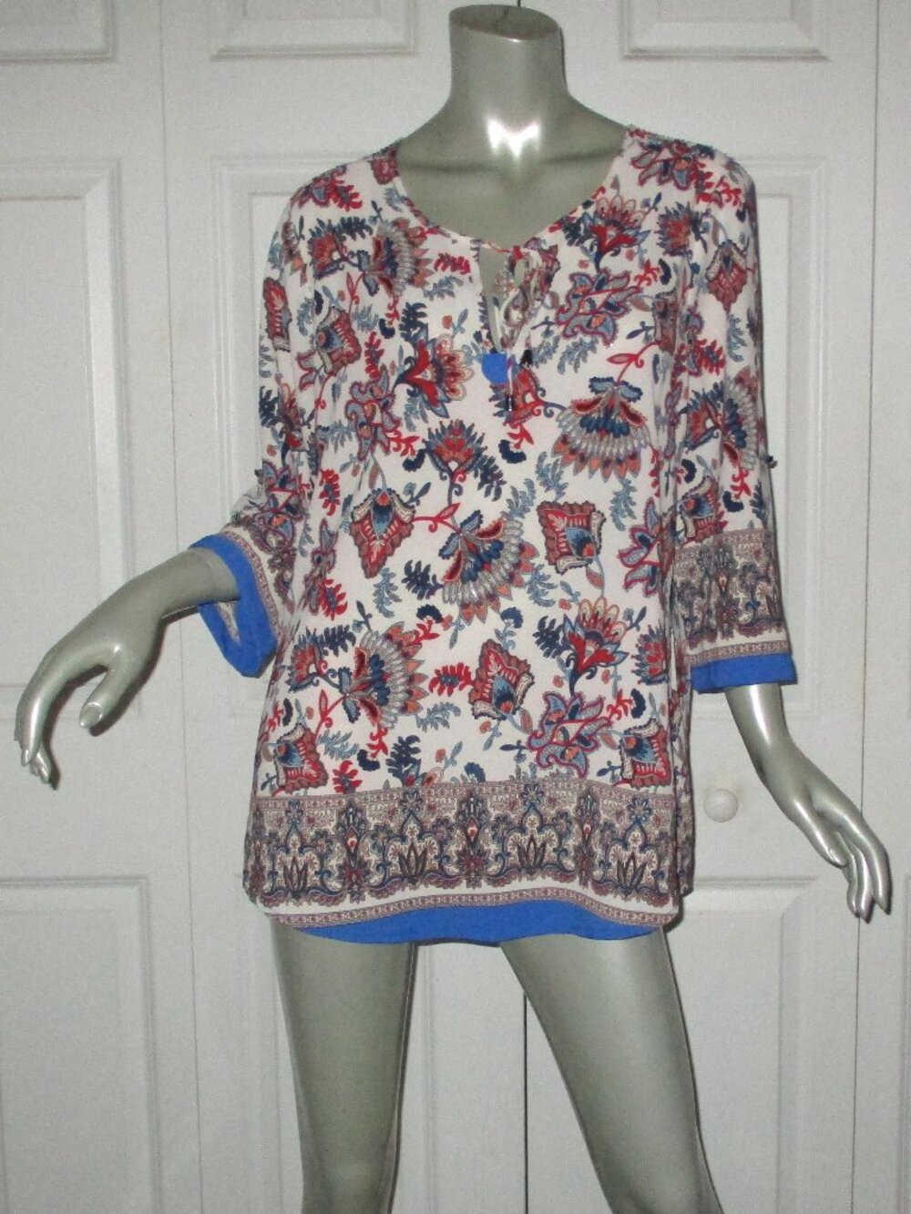 ANTILIA FEMME Blue & Red Floral Tie Front Roll-Tab Tunic Blouse NWT